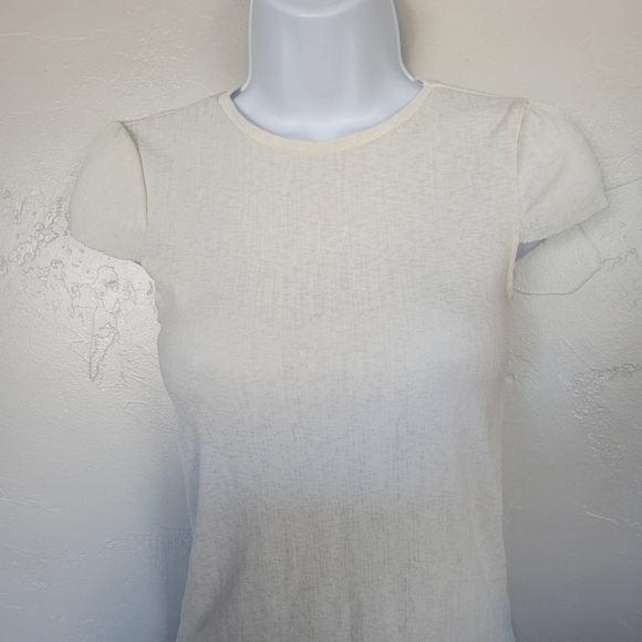 Zara Trafaluc Small Ivory White Short Sleeve Shirt Top Stretchy Crop Layering - Picture 3 of 6